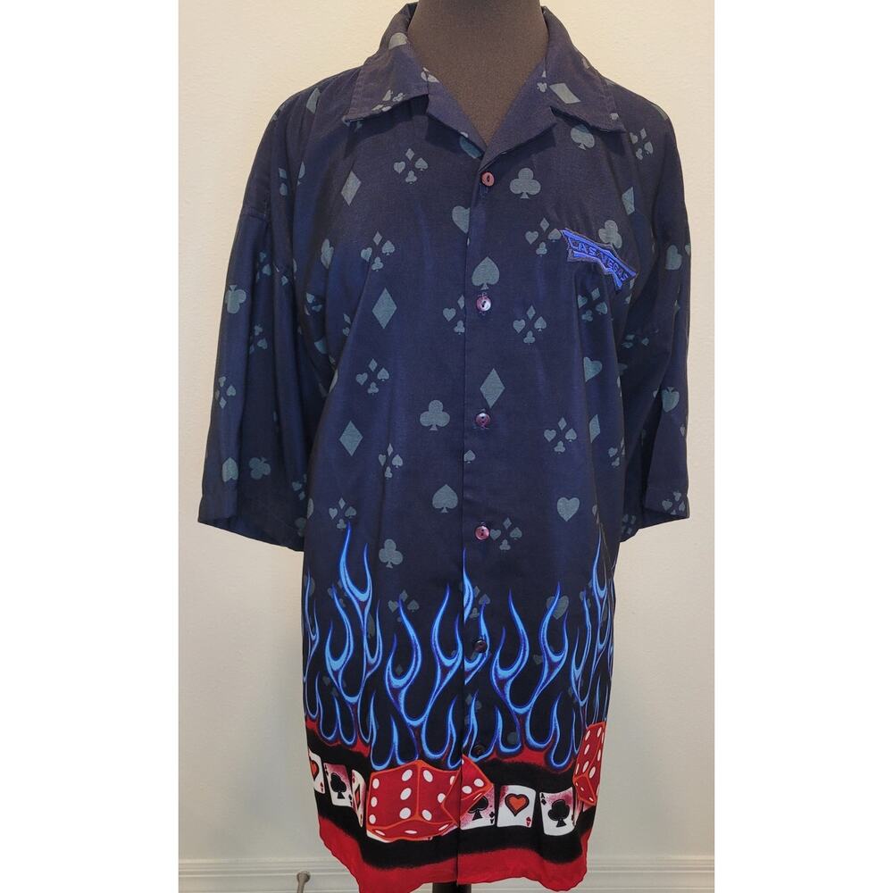 Mens Las Vegas Gambling Graphic Shirt 2XL Flames Dice Aces Button Front Casual